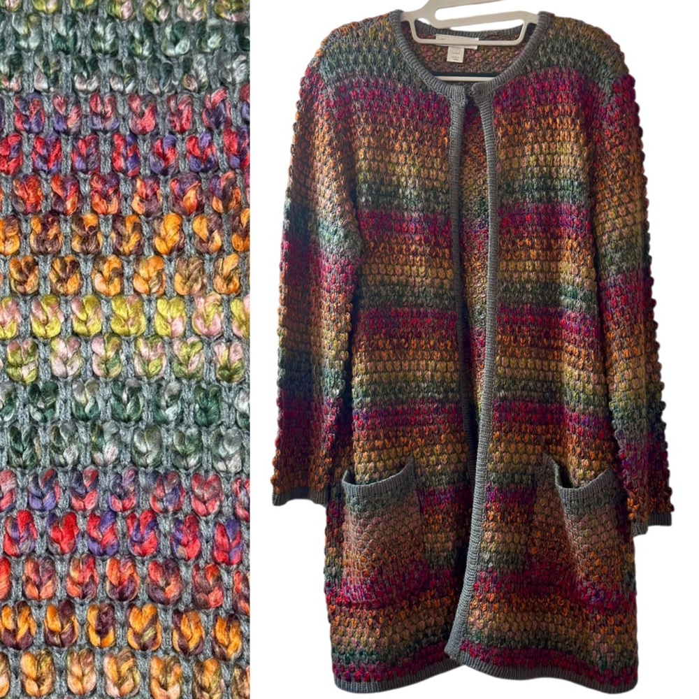 Christopher & Banks Crochet Knit Open-Front Longline Cardigan Sweater Lagenlook